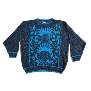 Vintage 80s 90s Blue and Black Pineapple Graphic Knit Sweater Pullover size 2XL
